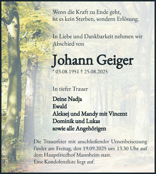 Traueranzeige von Johann Geiger von Mannheimer Morgen