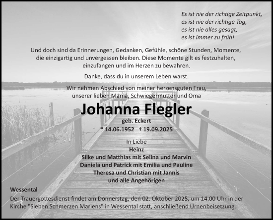 Traueranzeige von Johanna Flegler von Fränkische Nachrichten