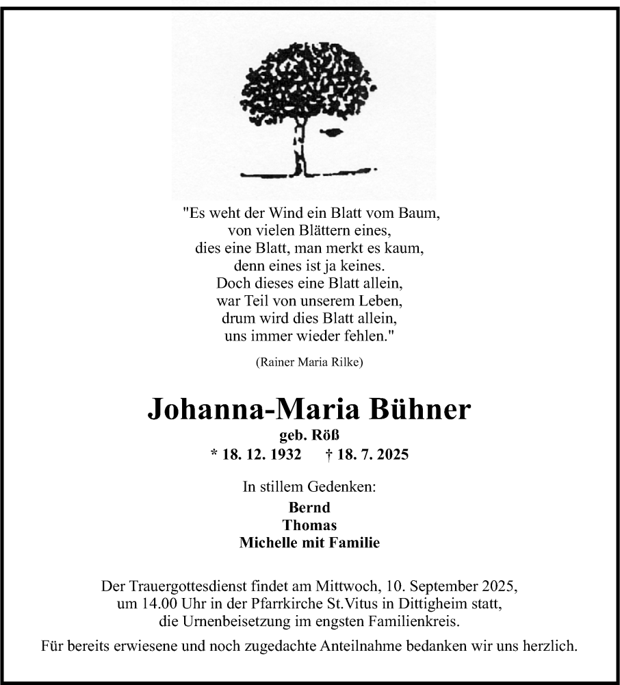  Traueranzeige für Johanna-Maria Bühner vom 06.09.2025 aus Fränkische Nachrichten