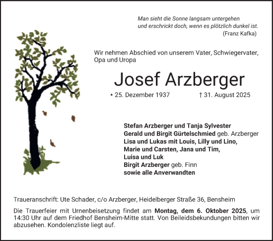 Traueranzeige von Josef Arzberger von Bergsträßer Anzeiger