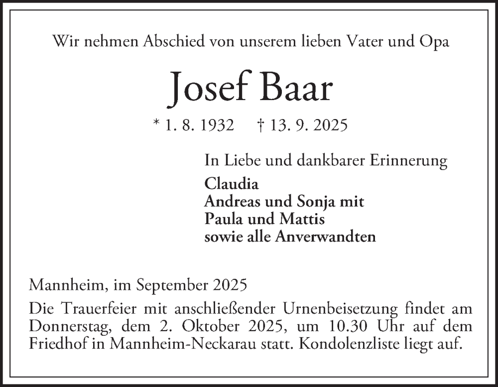  Traueranzeige für Josef Baar vom 27.09.2025 aus Mannheimer Morgen