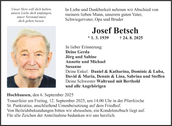 Traueranzeige von Josef Betsch von Fränkische Nachrichten