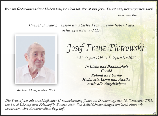 Traueranzeige von Josef Franz Piotrowski von Fränkische Nachrichten