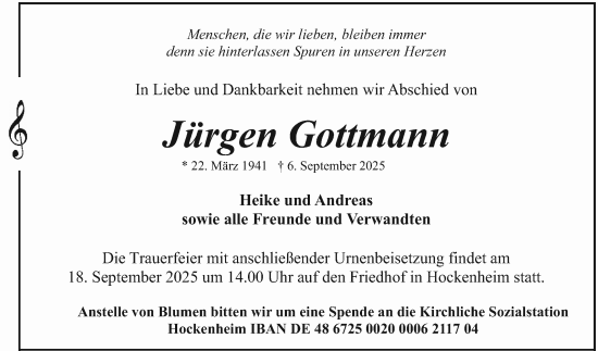 Traueranzeige von Jürgen Gottmann von Schwetzinger Zeitung