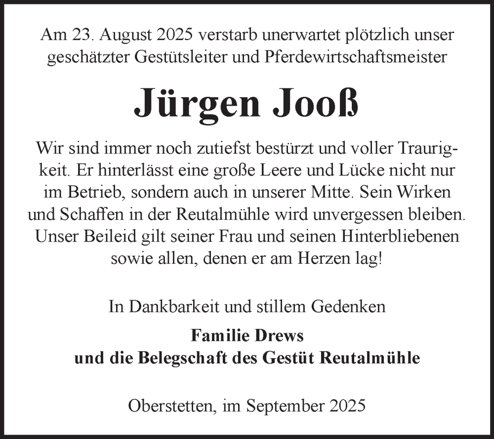  Traueranzeige für Jürgen Jooß vom 10.09.2025 aus Fränkische Nachrichten