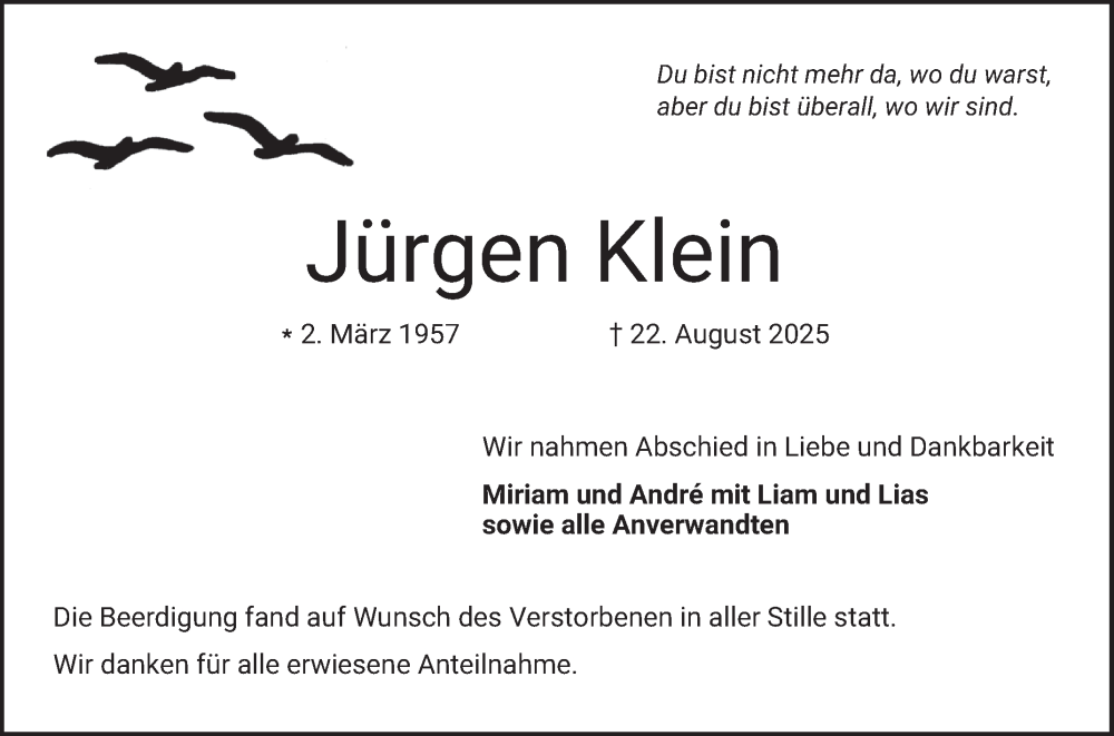  Traueranzeige für Jürgen Klein vom 13.09.2025 aus Bergsträßer Anzeiger