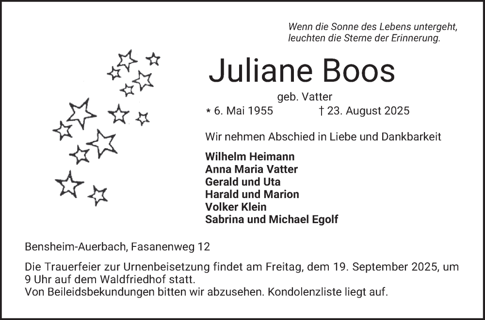 Traueranzeige für Juliane Boos vom 13.09.2025 aus Bergsträßer Anzeiger