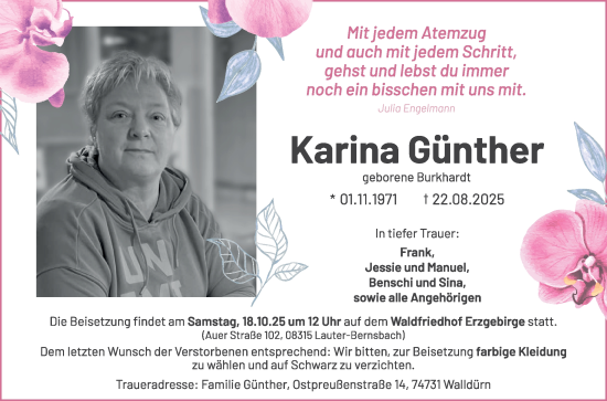 Traueranzeige von Karina Günther von Fränkische Nachrichten