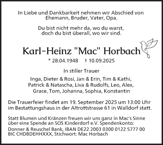 Traueranzeige von Karl-Heinz Horbach von Schwetzinger Zeitung
