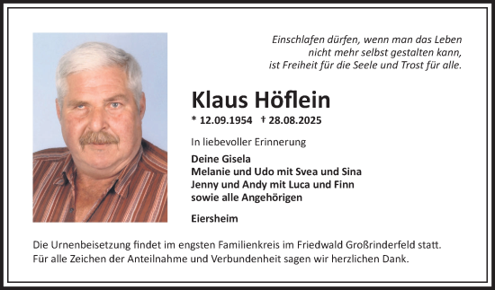 Traueranzeige von Klaus Höflein von Fränkische Nachrichten