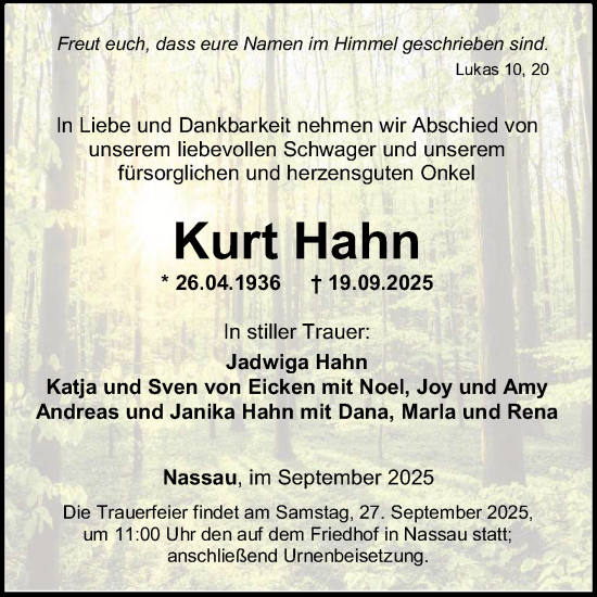 Traueranzeige von Kurt Hahn von Fränkische Nachrichten