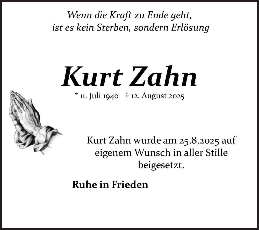  Traueranzeige für Kurt Zahn vom 06.09.2025 aus Schwetzinger Zeitung