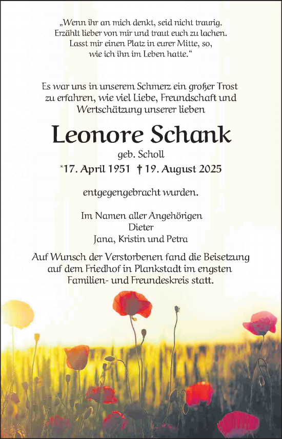 Traueranzeige von Leonore Schank von Schwetzinger Zeitung