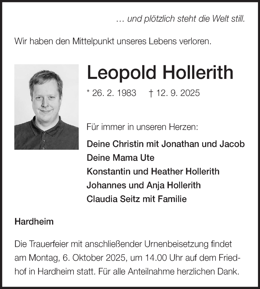  Traueranzeige für Leopold Hollerith vom 30.09.2025 aus Fränkische Nachrichten