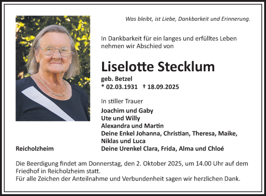 Traueranzeige von Liselotte Stecklum von Fränkische Nachrichten