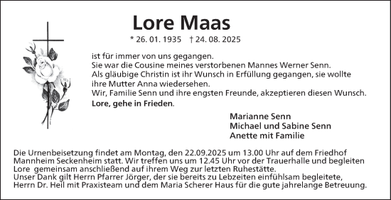 Traueranzeige von Lore Maas von Mannheimer Morgen