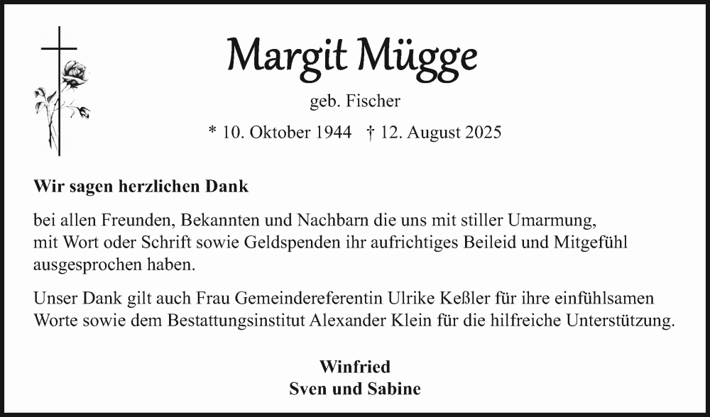  Traueranzeige für Margit Mügge vom 06.09.2025 aus Schwetzinger Zeitung