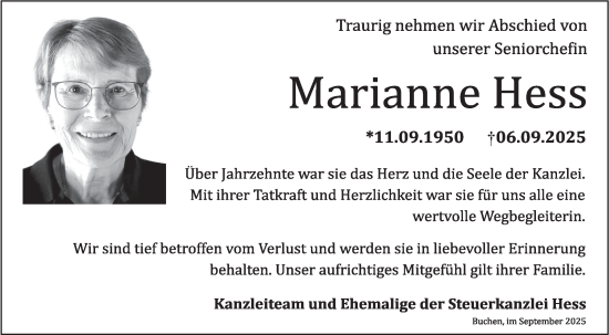 Traueranzeige von Marianne Hess von Fränkische Nachrichten