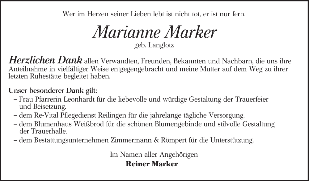  Traueranzeige für Marianne Marker vom 27.09.2025 aus Schwetzinger Zeitung