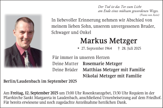 Traueranzeige von Markus Metzger von Fränkische Nachrichten