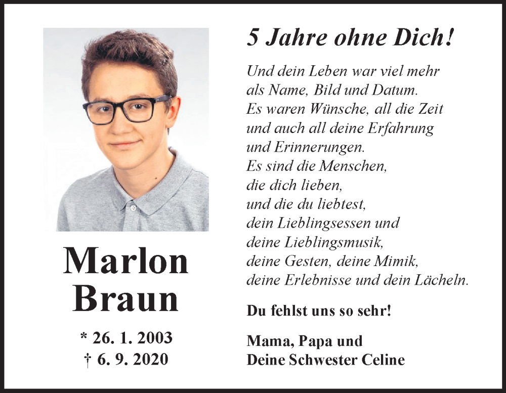  Traueranzeige für Marlon Braun vom 06.09.2025 aus Fränkische Nachrichten