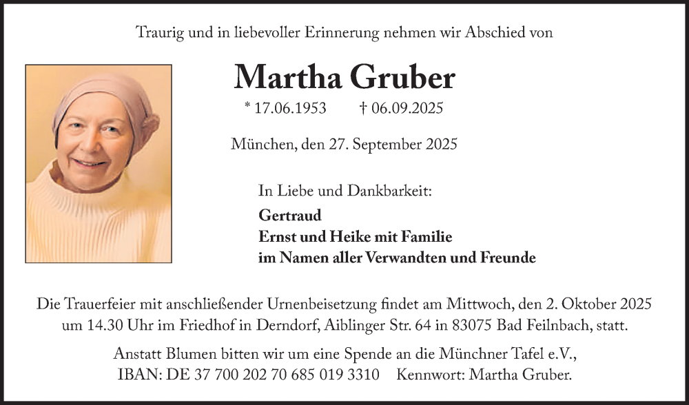  Traueranzeige für Martha Gruber vom 27.09.2025 aus Fränkische Nachrichten