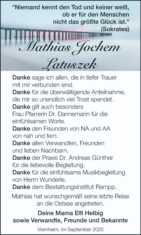 Traueranzeige von Mathias Jochem Latuszek von Mannheimer Morgen