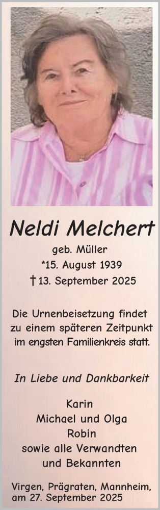  Traueranzeige für Neldi Melchert vom 27.09.2025 aus Mannheimer Morgen