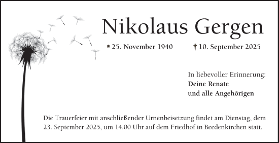 Traueranzeige von Nikolaus Gergen von Bergsträßer Anzeiger