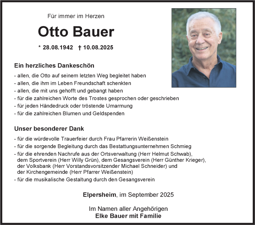  Traueranzeige für Otto Bauer vom 20.09.2025 aus Fränkische Nachrichten