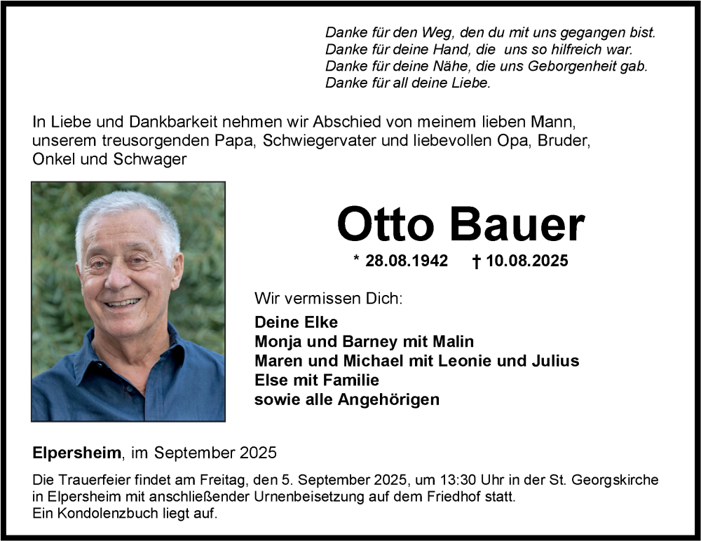  Traueranzeige für Otto Bauer vom 02.09.2025 aus Fränkische Nachrichten
