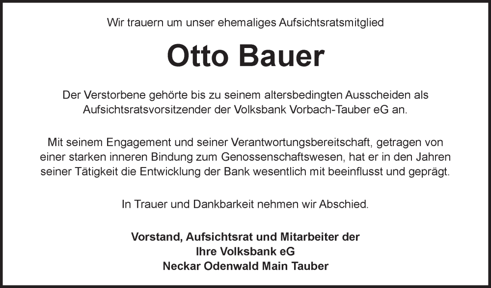  Traueranzeige für Otto Bauer vom 02.09.2025 aus Fränkische Nachrichten