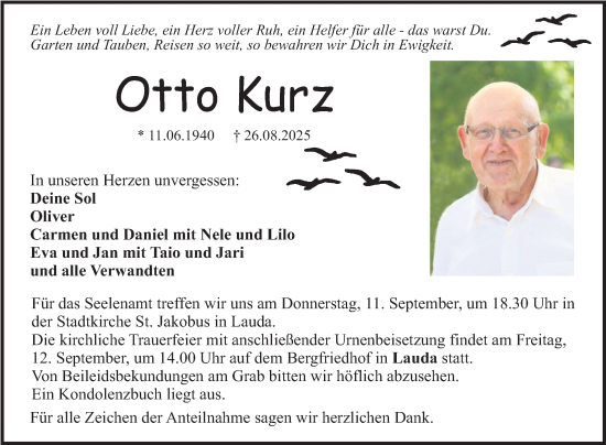 Traueranzeige von Otto Kurz von Fränkische Nachrichten