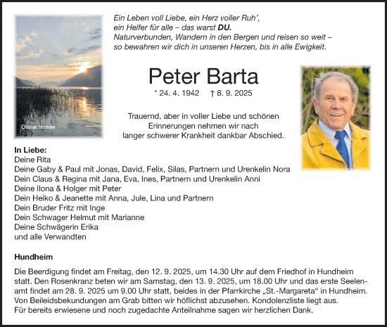 Traueranzeige von Peter Barta von Fränkische Nachrichten