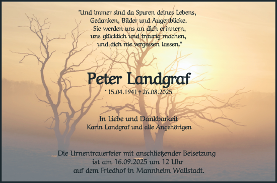 Traueranzeige von Peter Landgraf von Mannheimer Morgen