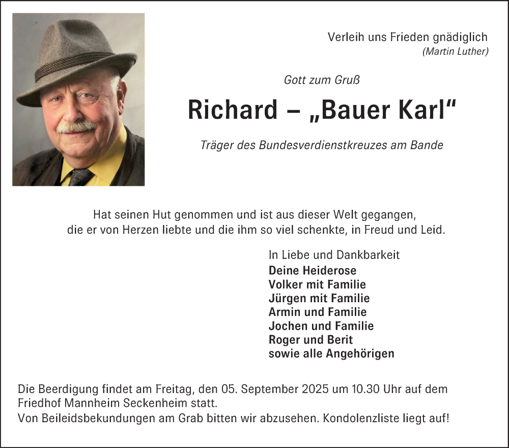  Traueranzeige für Richard Karl vom 03.09.2025 aus Mannheimer Morgen