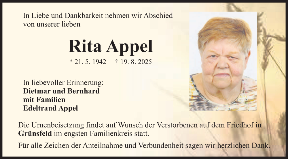  Traueranzeige für Rita Appel vom 05.09.2025 aus Fränkische Nachrichten