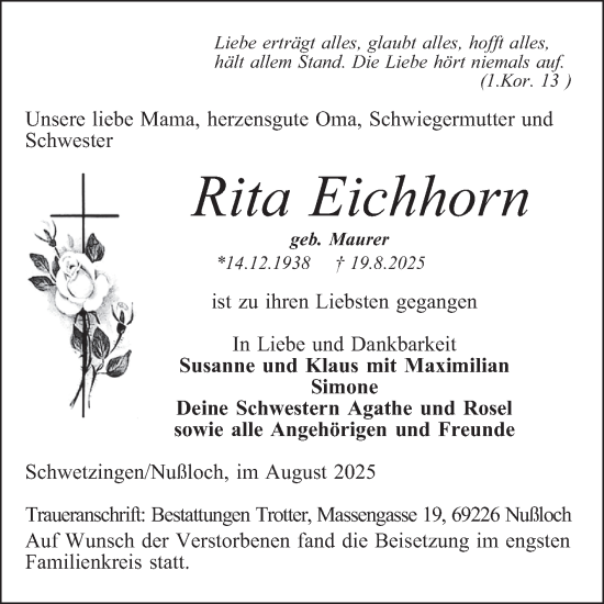 Traueranzeige von Rita Eichhorn von Schwetzinger Zeitung