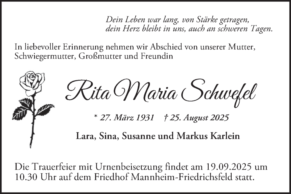  Traueranzeige für Rita Maria Schwefel vom 13.09.2025 aus Mannheimer Morgen