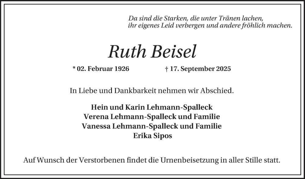  Traueranzeige für Ruth Beisel vom 27.09.2025 aus Mannheimer Morgen