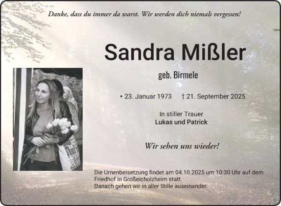 Traueranzeige von Sandra Mißler von Fränkische Nachrichten