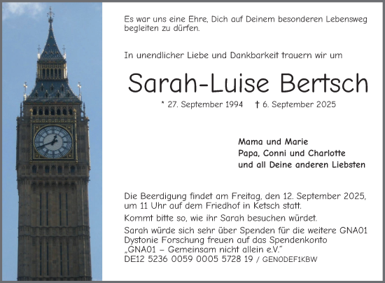 Traueranzeige von Sarah-Luise Bertsch von Schwetzinger Zeitung