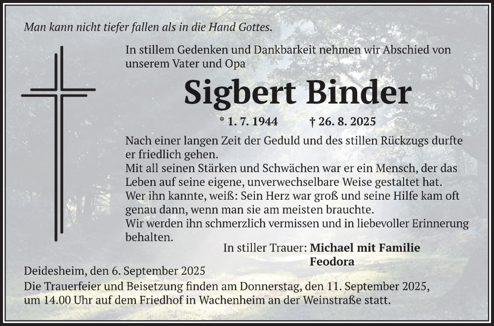  Traueranzeige für Sigbert Binder vom 06.09.2025 aus Mannheimer Morgen