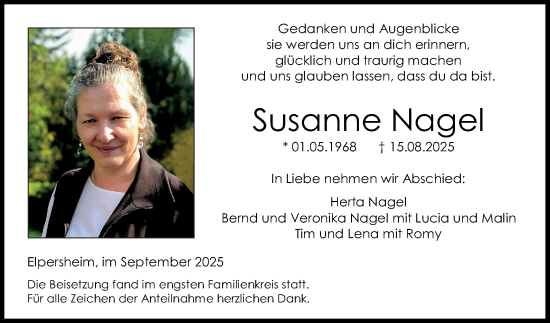 Traueranzeige von Susanne Nagel von Fränkische Nachrichten