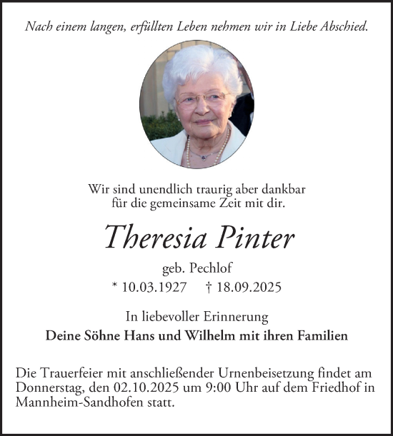 Traueranzeige von Theresia Pinter von Mannheimer Morgen