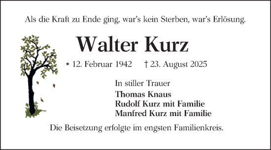 Traueranzeige von Walter Kurz von Mannheimer Morgen