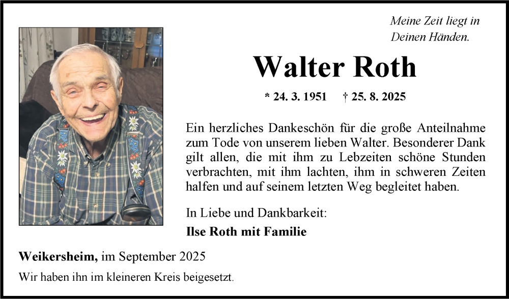  Traueranzeige für Walter Roth vom 03.09.2025 aus Fränkische Nachrichten