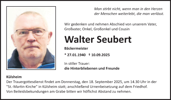 Traueranzeige von Walter Seubert von Fränkische Nachrichten