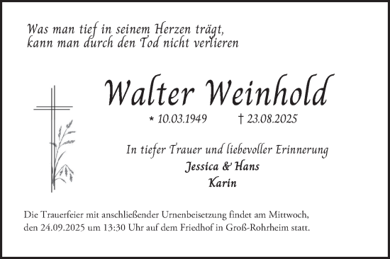 Traueranzeige von Walter Weinhold von Bergsträßer Anzeiger