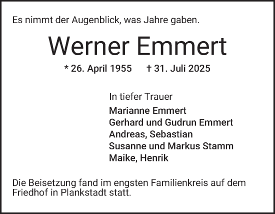 Traueranzeige von Werner Emmert von Schwetzinger Zeitung